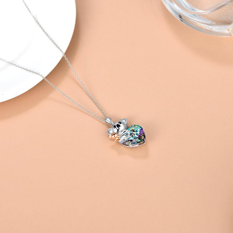 Sterling Silver Two-tone Heart Shaped Koala & Mother Crystal Pendant Necklace-4