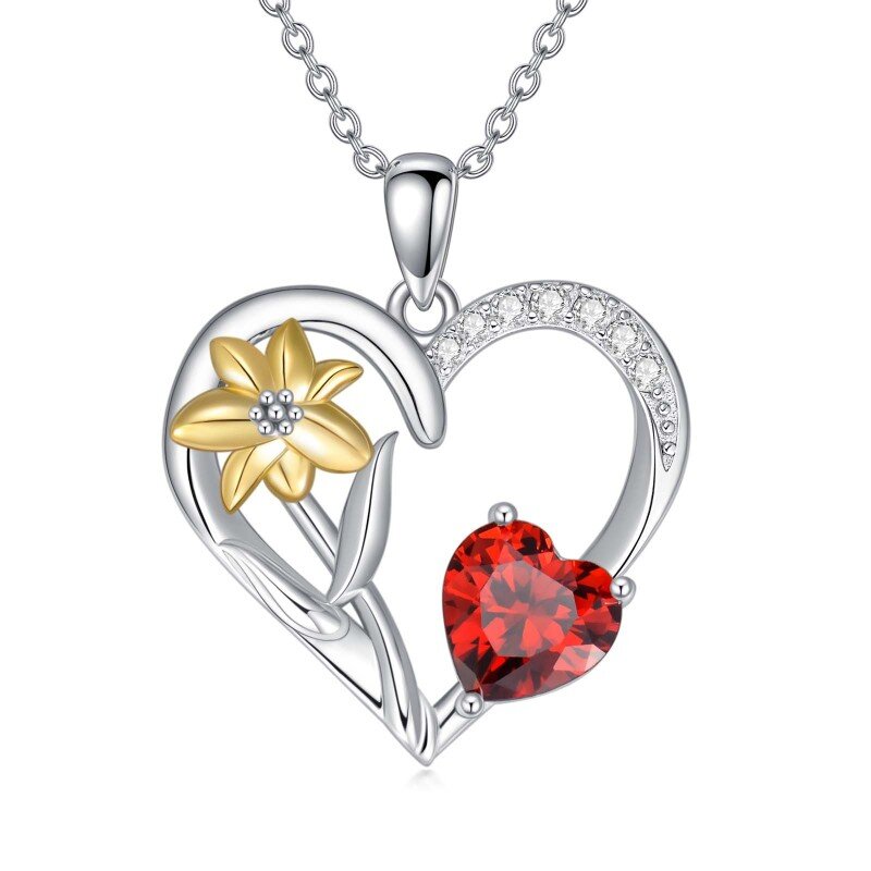 Sterling Silver Two-tone Heart Shaped Cubic Zirconia Lily Pendant Necklace-1