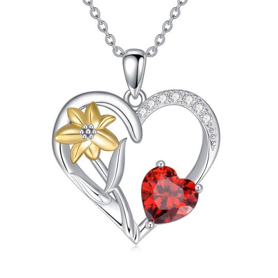 Sterling Silver Two-tone Heart Shaped Cubic Zirconia Lily Pendant Necklace