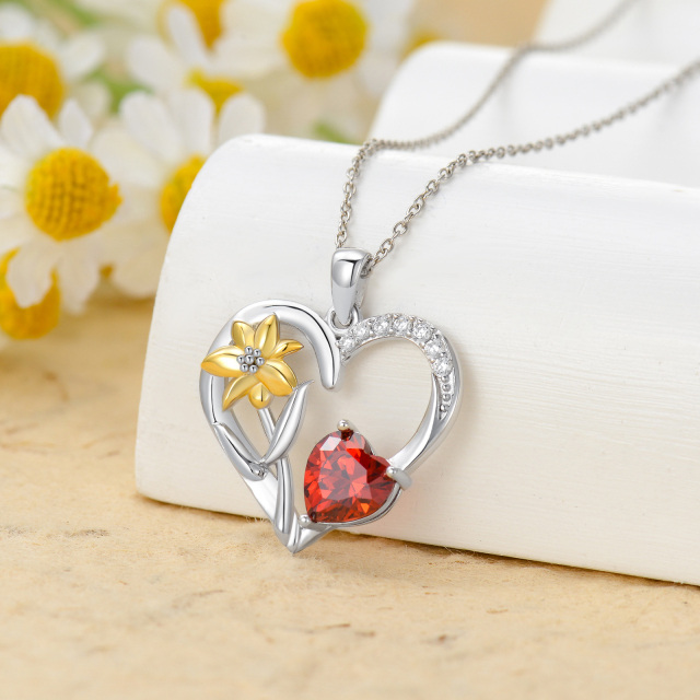 Collana con ciondolo giglio in argento sterling bicolore a forma di cuore con zirconi cubici-3