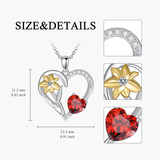 Sterling Silver Two-tone Heart Shaped Cubic Zirconia Lily Pendant Necklace-6