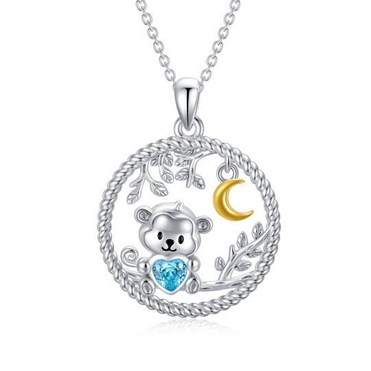 Sterling Silver Two-tone Heart Shaped Cubic Zirconia Monkey & Leaves & Moon Pendant Necklace