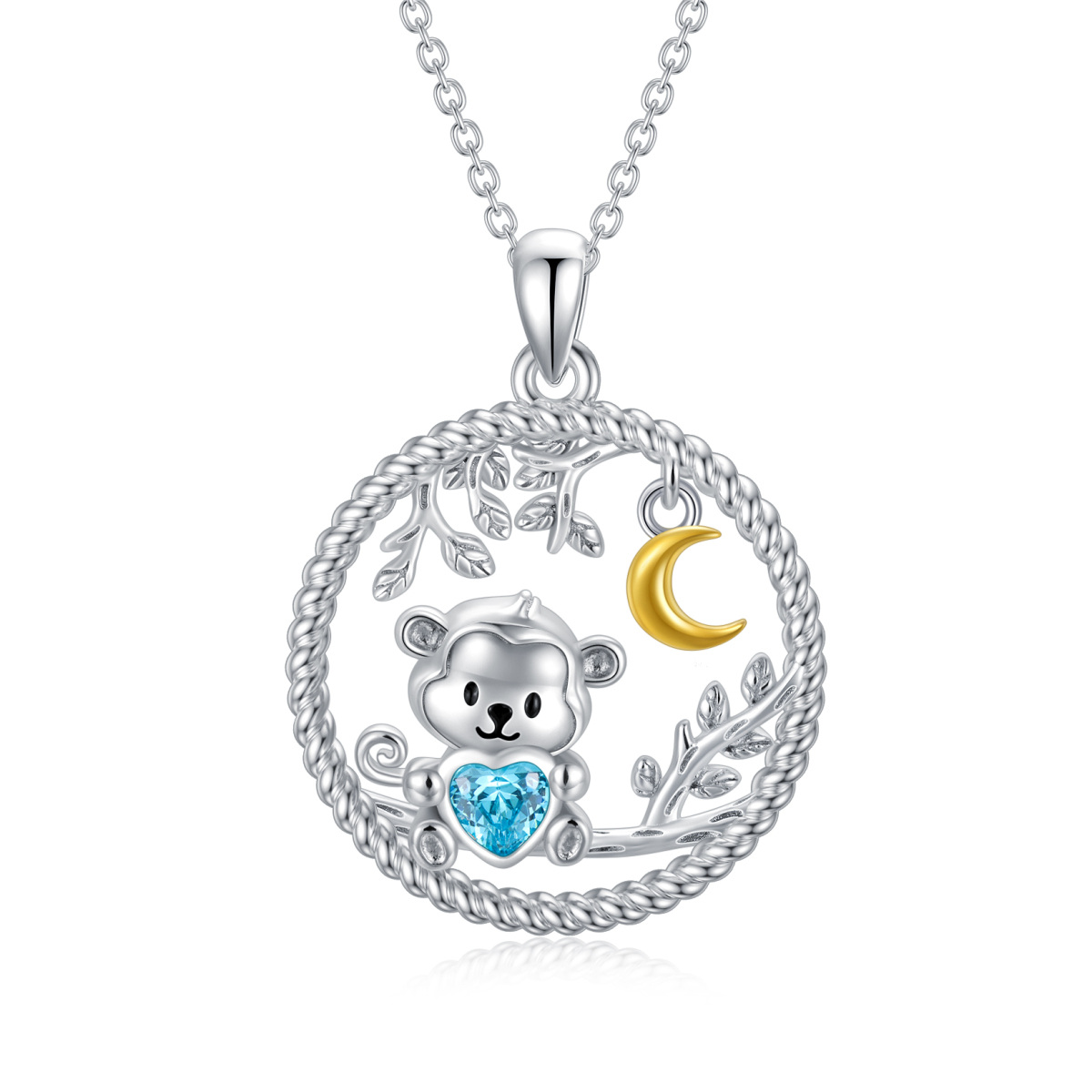 Collier avec pendentif en argent sterling bicolore en forme de cœur avec pendentif en forme de feuilles de singe et de lune-1