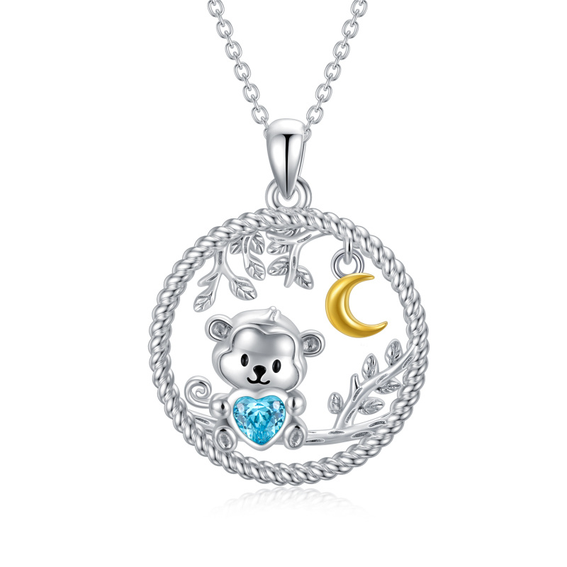 Sterling Silver Two-Tone Heart Cubic Zirconia Monkey & Leaves With Moon Pendant Necklace For Women-15