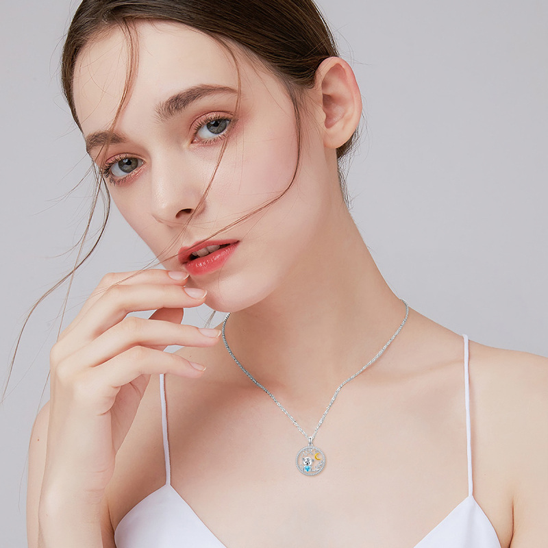 Sterling Silver Two-Tone Heart Cubic Zirconia Monkey & Leaves With Moon Pendant Necklace For Women-2