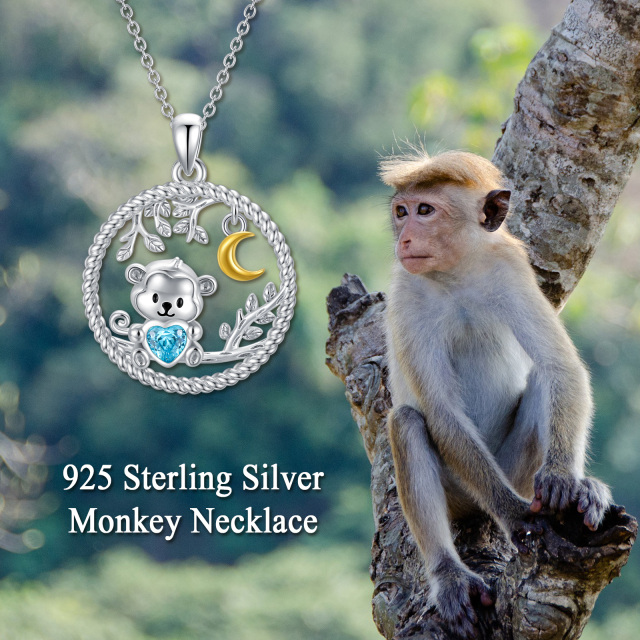 Sterling Silver Two-tone Heart Shaped Cubic Zirconia Monkey & Leaves & Moon Pendant Necklace-5