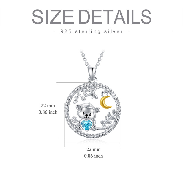 Sterling zilveren tweekleurige hartvormige cubic zirkonia aap, bladeren en maan hanger ketting-6