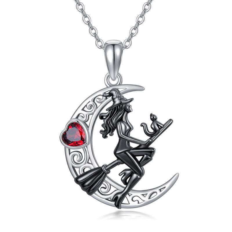 Collana in argento sterling con ciondolo a forma di cuore in zirconia cubica con luna e strega-1