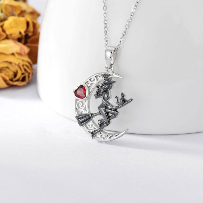 Collana in argento sterling con ciondolo a forma di cuore in zirconia cubica con luna e strega-3