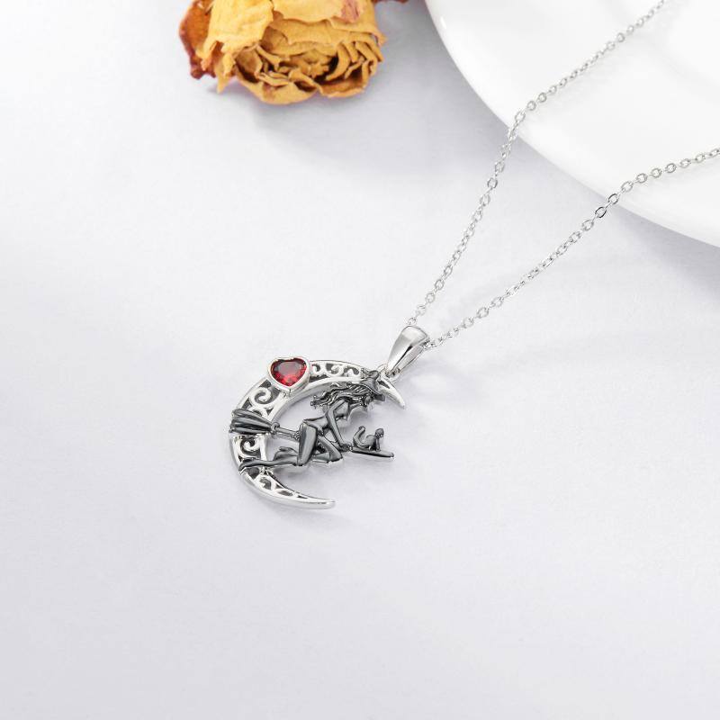 Sterling Silver Two-tone Heart Shaped Cubic Zirconia Moon & Witch Pendant Necklace-4