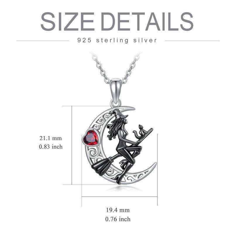 Sterling Silver Two-tone Heart Shaped Cubic Zirconia Moon & Witch Pendant Necklace-5