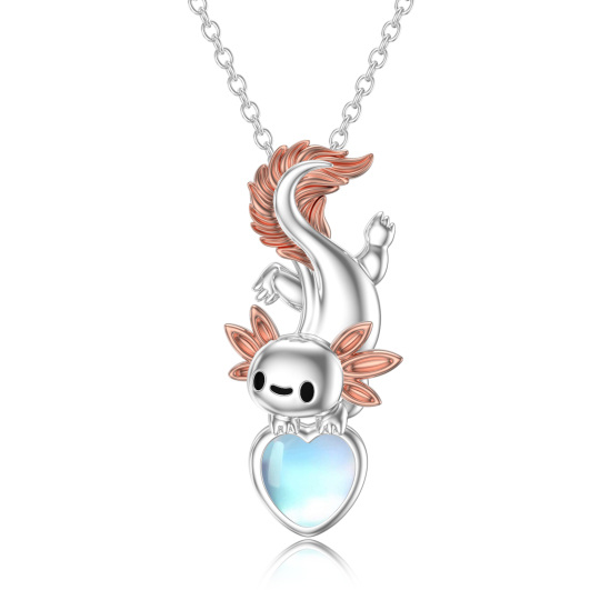 Collar de plata de ley en dos tonos con forma de corazón de piedra lunar Axolotl y colgant