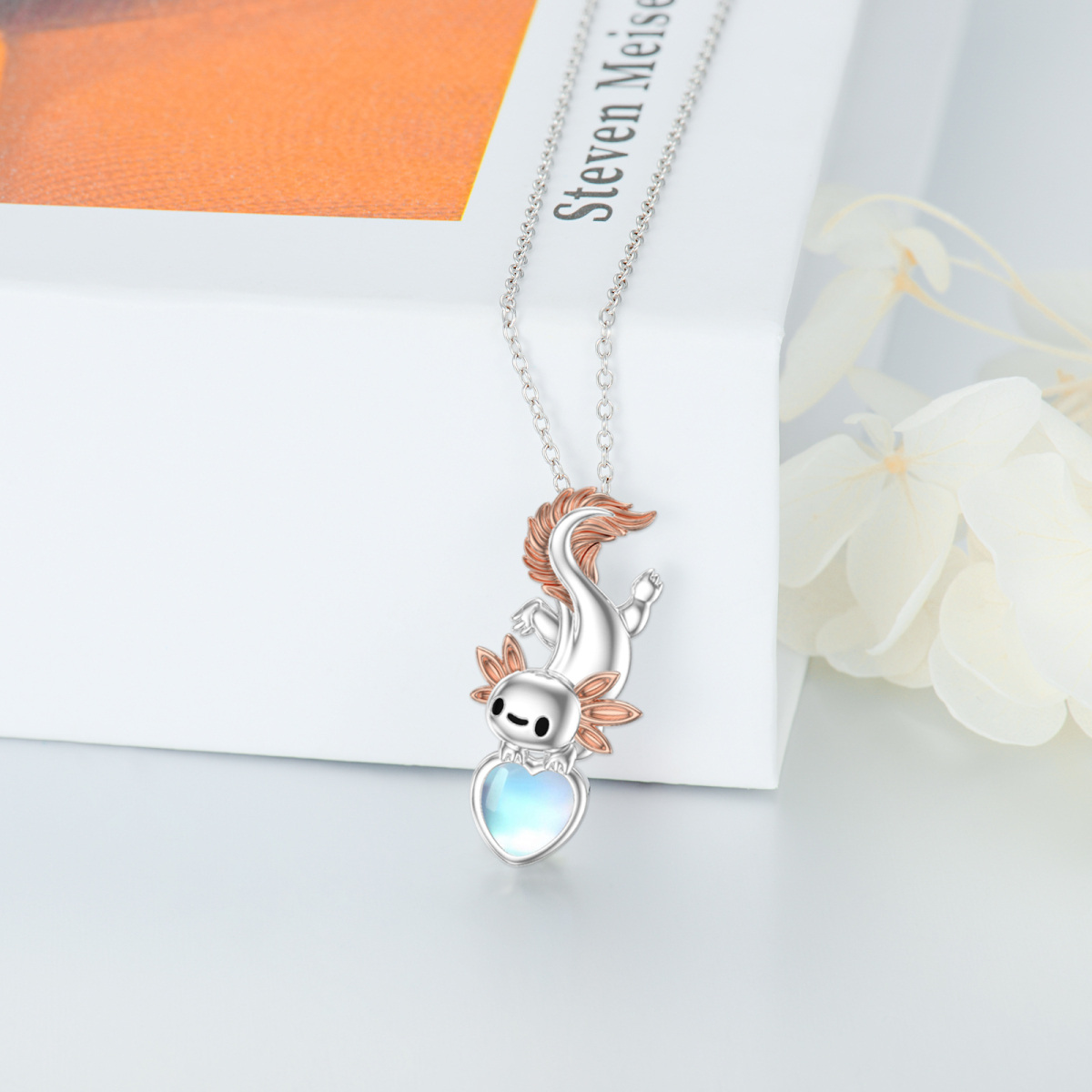 Sterling Silver Two-Tone Heart Moonstone Axolotl & Heart Pendant Necklace For Women Best Friends-3