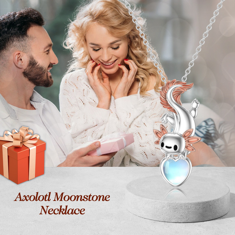 Sterling zilveren tweekleurige hart Maansteen Axolotl & hart hanger ketting voor dames beste vrienden-5