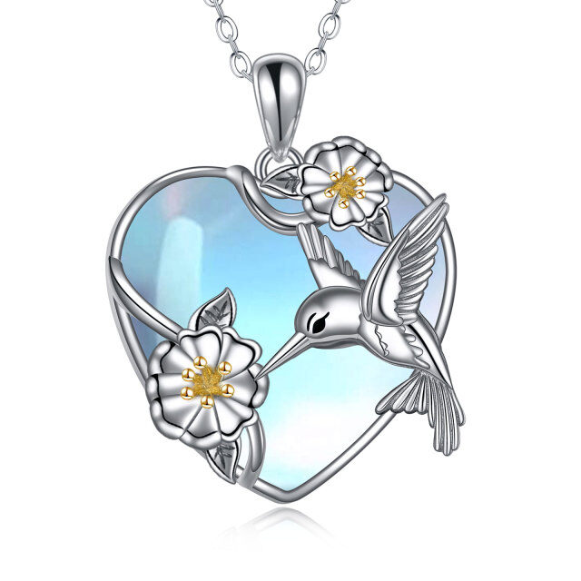 Sterling Silver Two-tone Heart Shaped Moonstone & Crystal Hummingbird Pendant Necklace-1