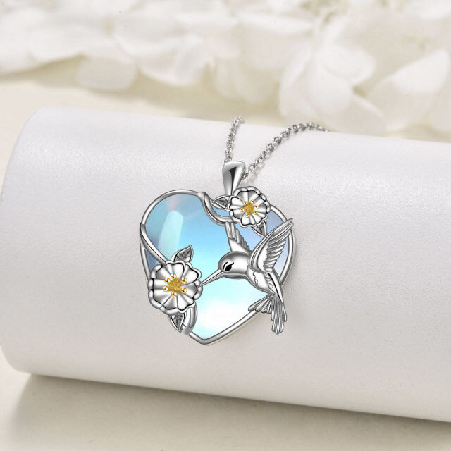 Sterling Silver Two-tone Heart Shaped Moonstone & Crystal Hummingbird Pendant Necklace-3