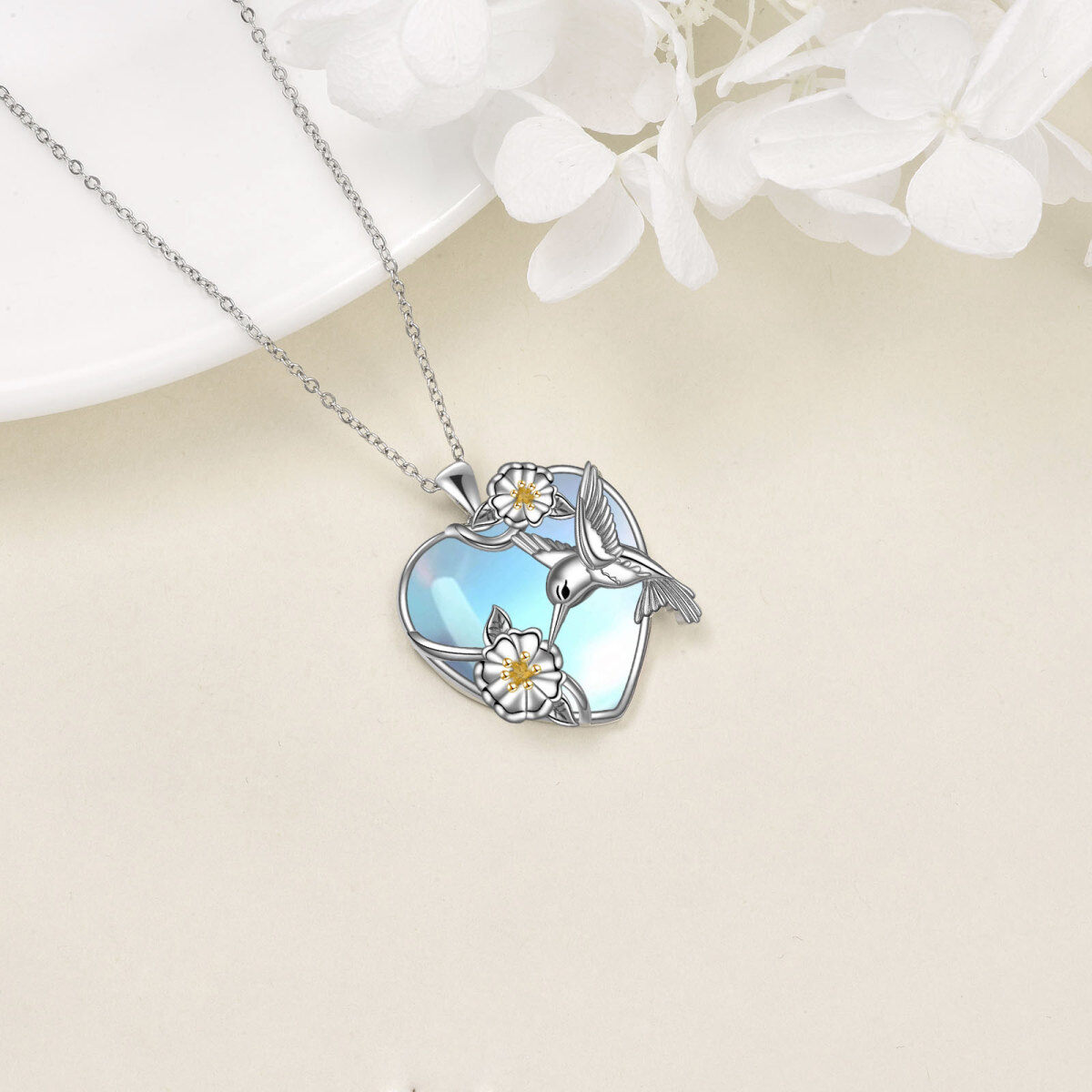 Sterling Silver Two-tone Heart Shaped Moonstone & Crystal Hummingbird Pendant Necklace-4