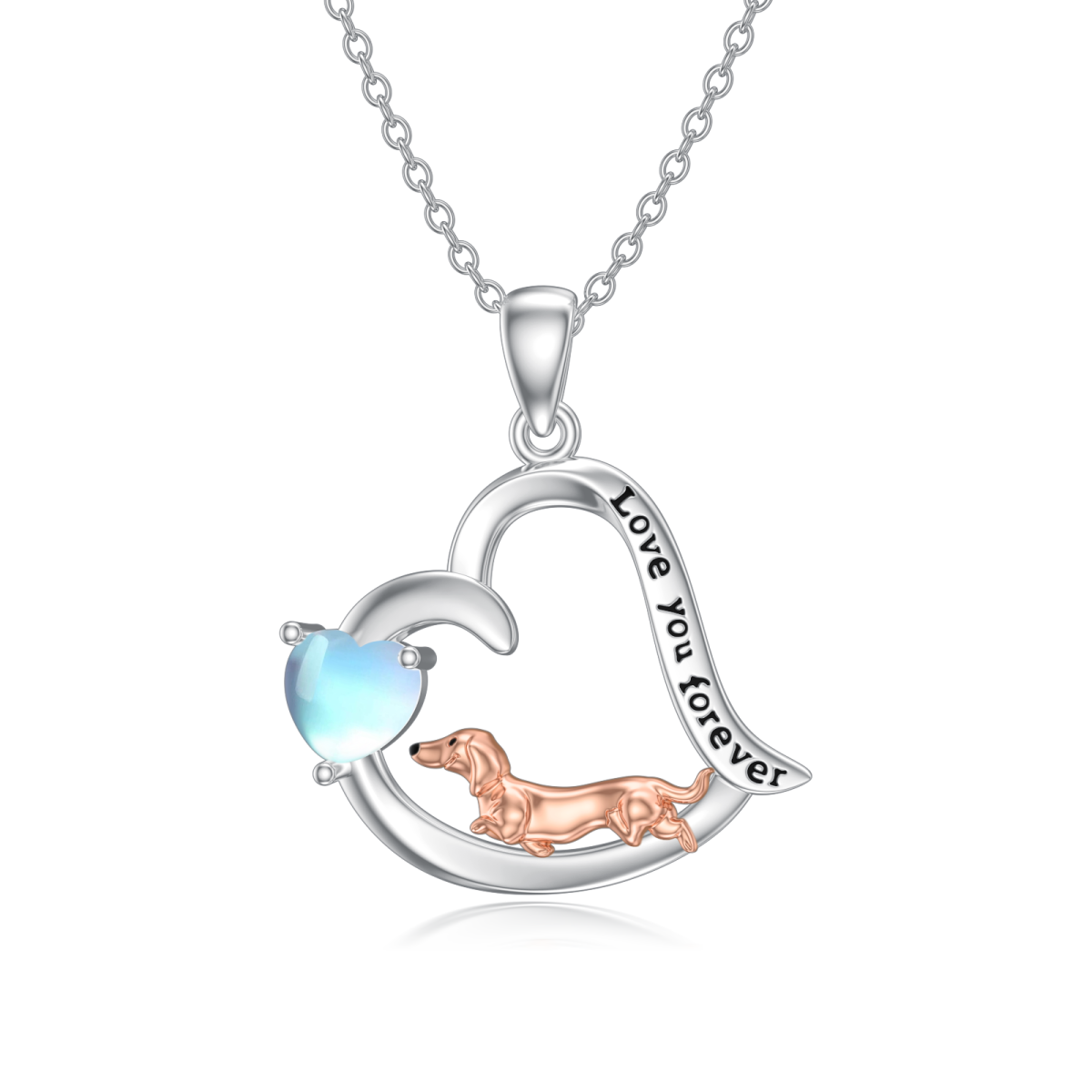 Sterling Silver Two-Tone Heart Moonstone Dog Heart Pendant Necklace With Engraved Word For Women-1