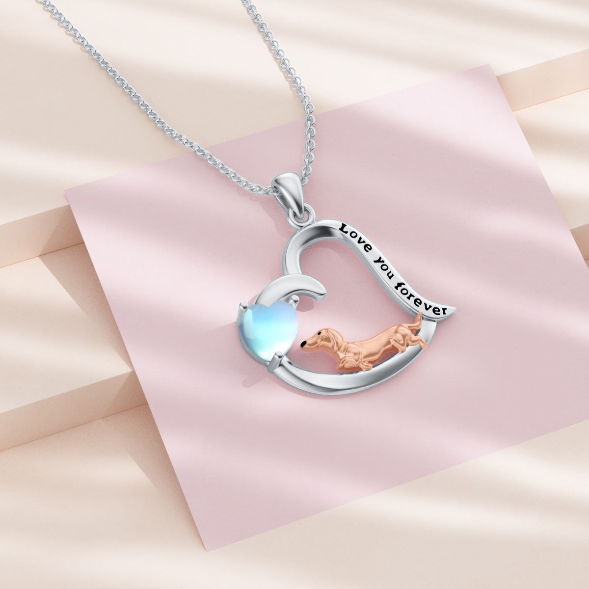 Sterling Silver Two-Tone Heart Moonstone Dog Heart Pendant Necklace With Engraved Word For Women-3