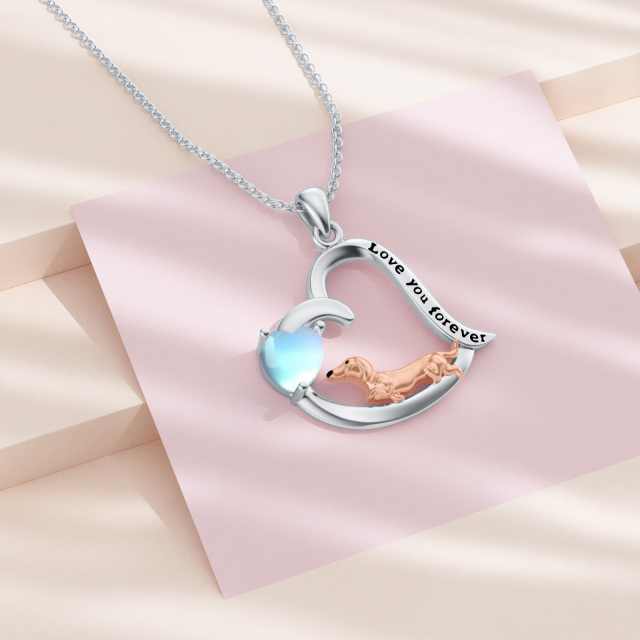 Sterling Silver Two-tone Heart Shaped Moonstone Dog & Heart Pendant Necklace with Engraved Word-3