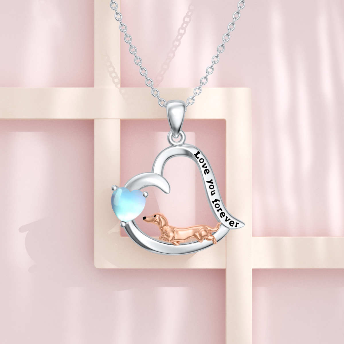 Sterling Silver Two-Tone Heart Moonstone Dog Heart Pendant Necklace With Engraved Word For Women-4