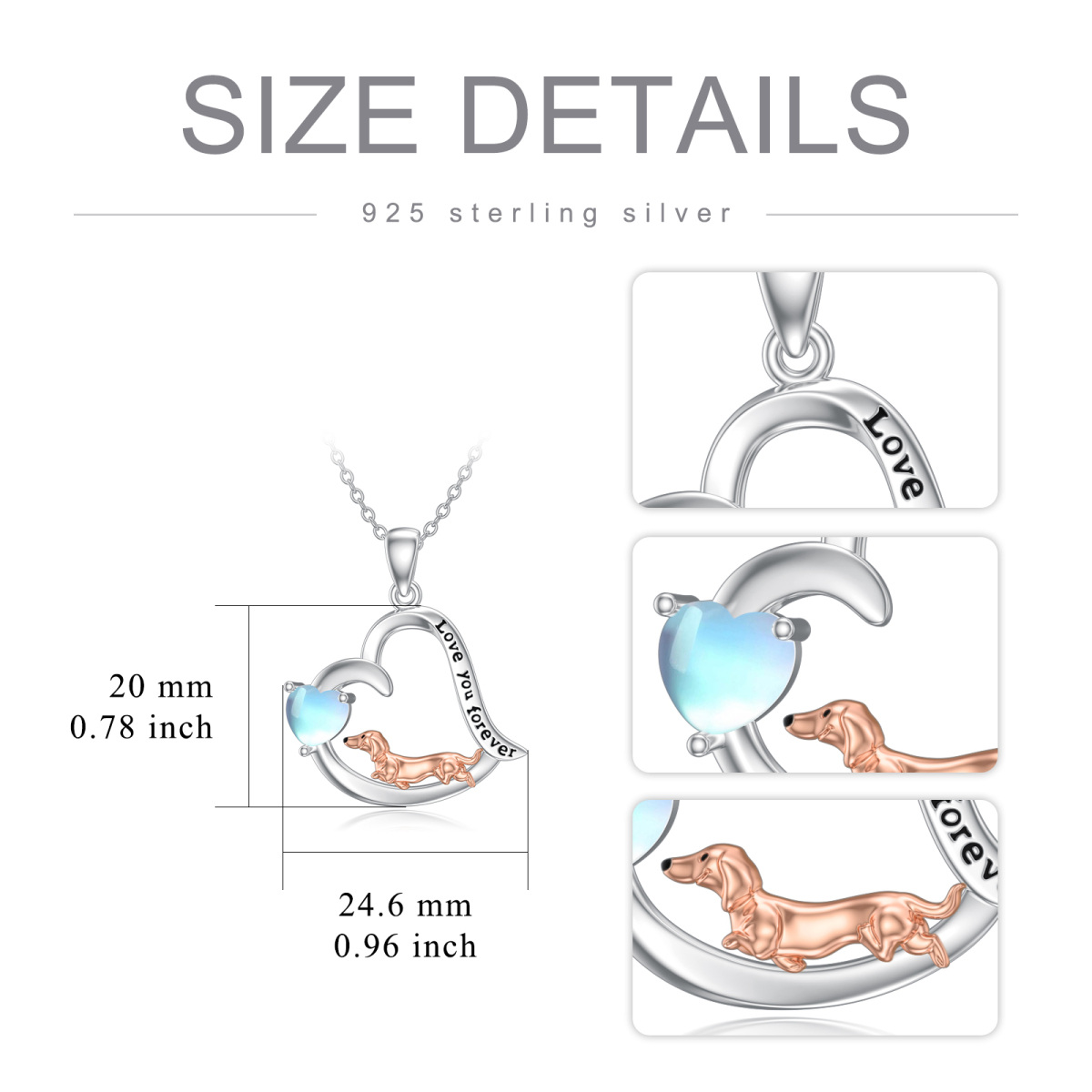 Sterling Silver Two-tone Heart Shaped Moonstone Dog & Heart Pendant Necklace with Engraved Word-6