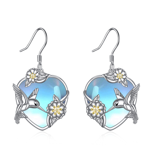 Sterling Silver Two-tone Heart Shaped Moonstone Hummingbird & Heart Drop Earrings-1