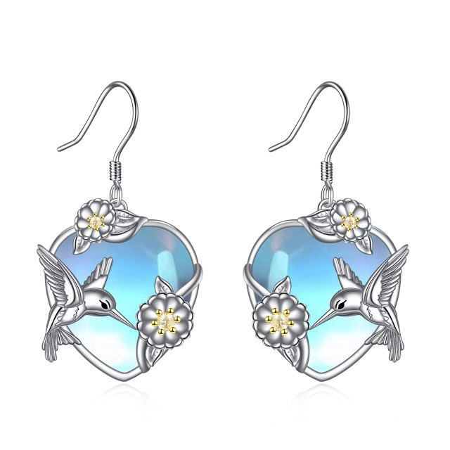 Sterling Silver Two-tone Heart Shaped Moonstone Hummingbird & Heart Drop Earrings-2