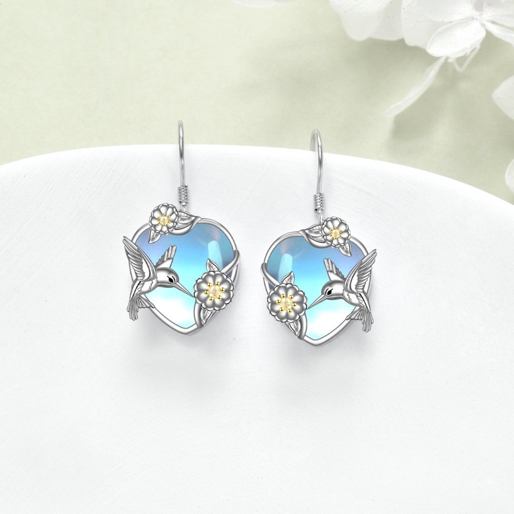 Orecchini pendenti da donna con colibrì in pietra di luna a cuore bicolore in argento sterling-3
