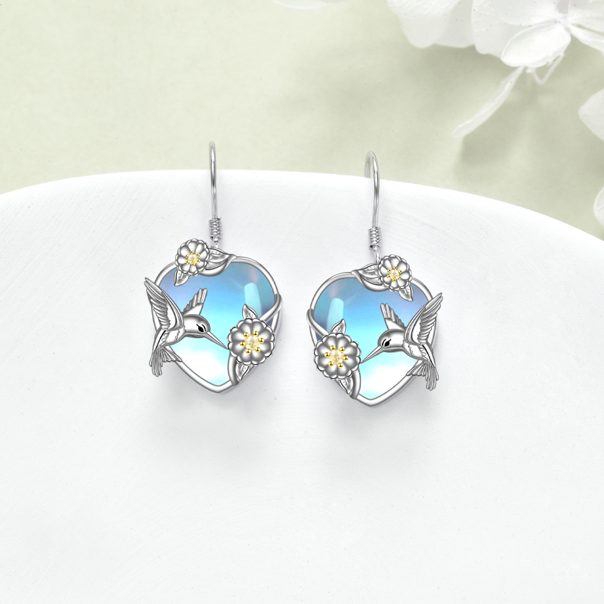 Pendientes colgantes de colibrí con piedra lunar y corazón de dos tonos de plata de ley para mujer-3