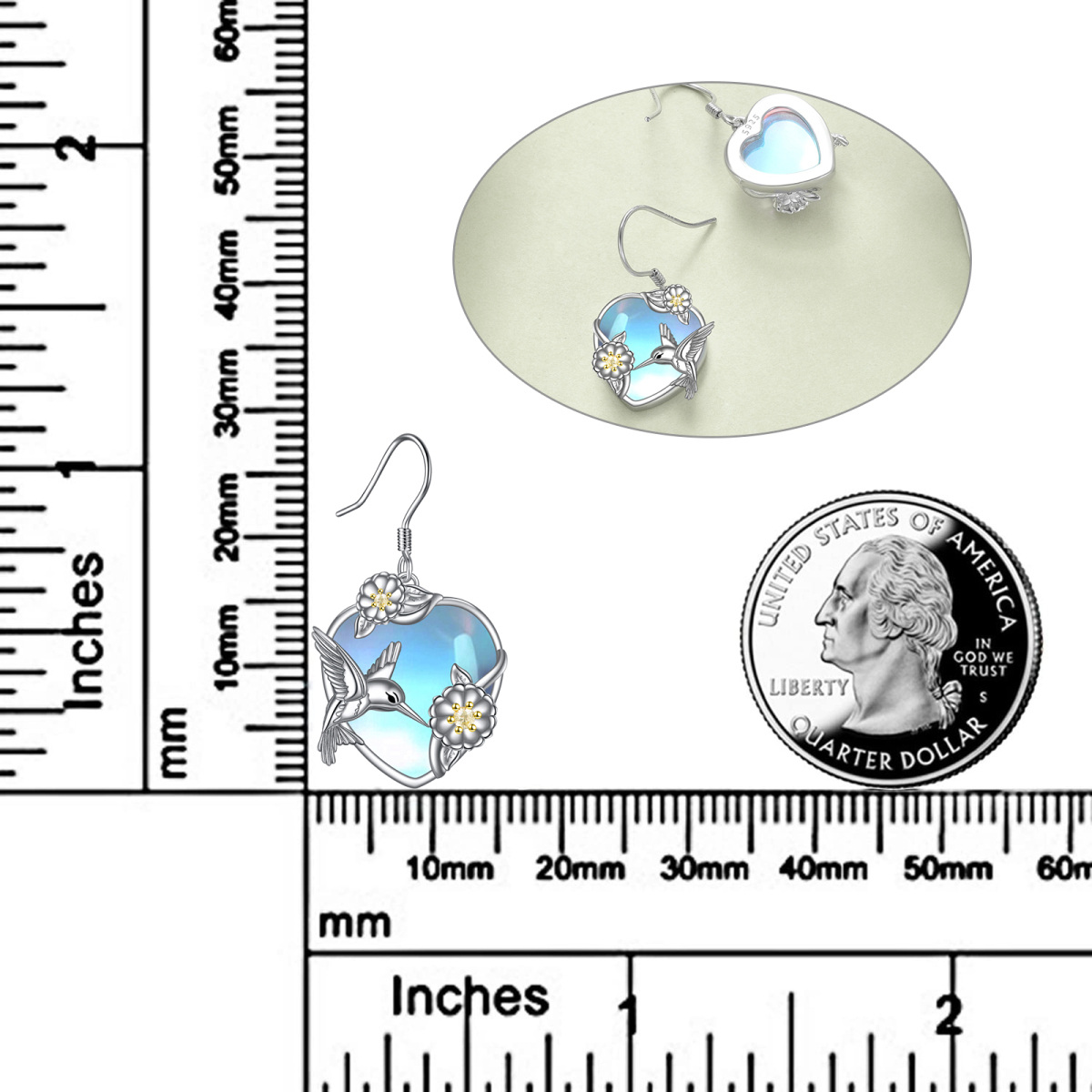 Sterling Silver Two-tone Heart Shaped Moonstone Hummingbird & Heart Drop Earrings-5