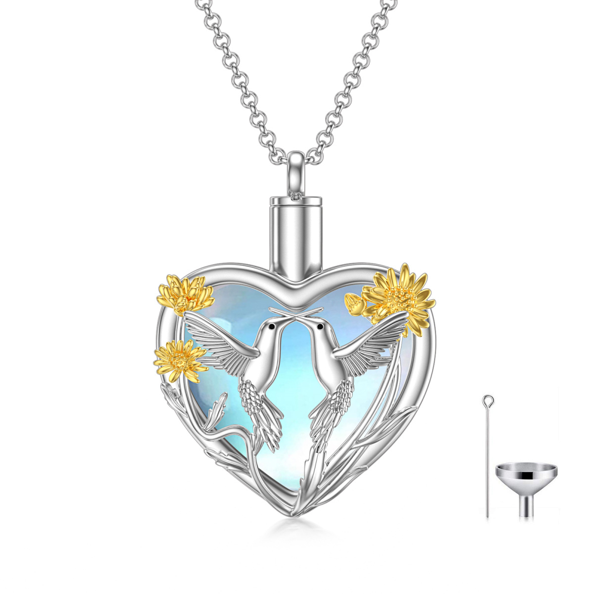 Collana per ceneri con colibrì e urna di girasole in pietra di luna con cuore bicolore in argento sterling-1