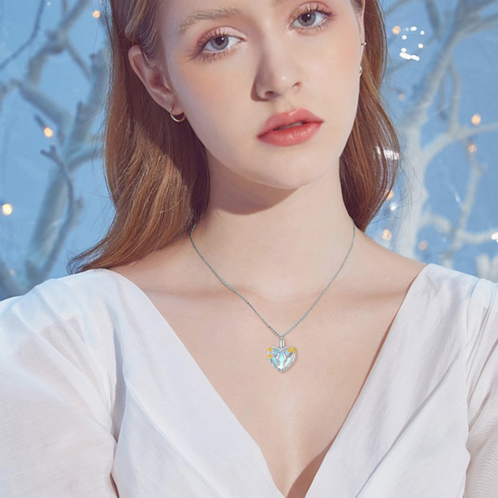 Sterling Silver Two-Tone Heart Moonstone Hummingbird & Sunflower Urn Necklace For Ashes-2