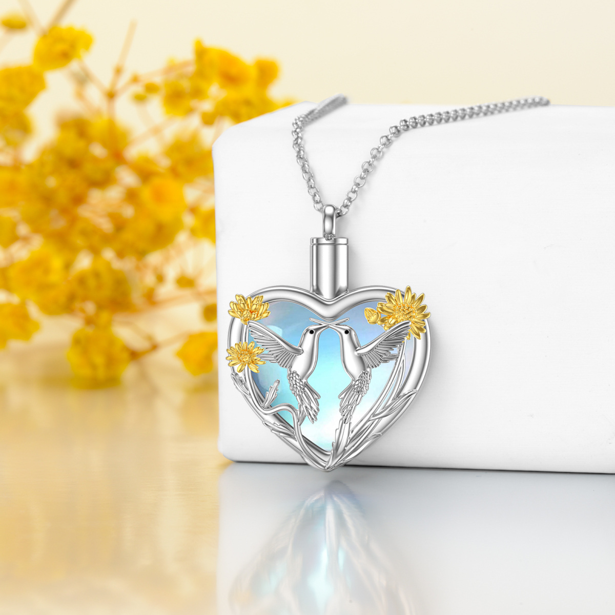 Sterling zilveren tweekleurige hart Maansteen kolibrie & zonnebloem urn ketting voor as-3