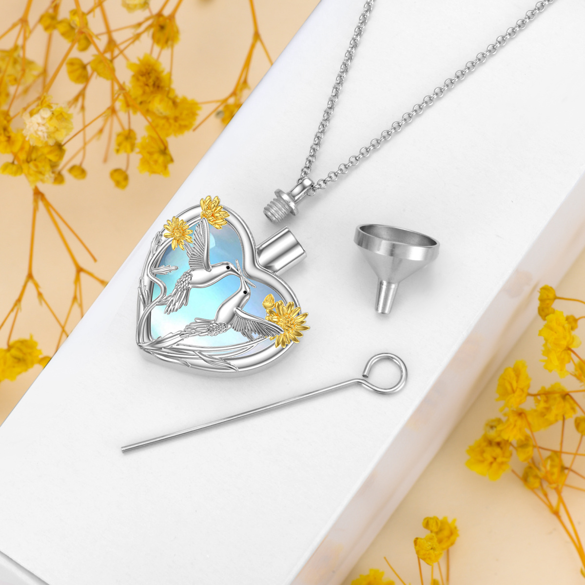 Sterling zilveren tweekleurige hart Maansteen kolibrie & zonnebloem urn ketting voor as-5