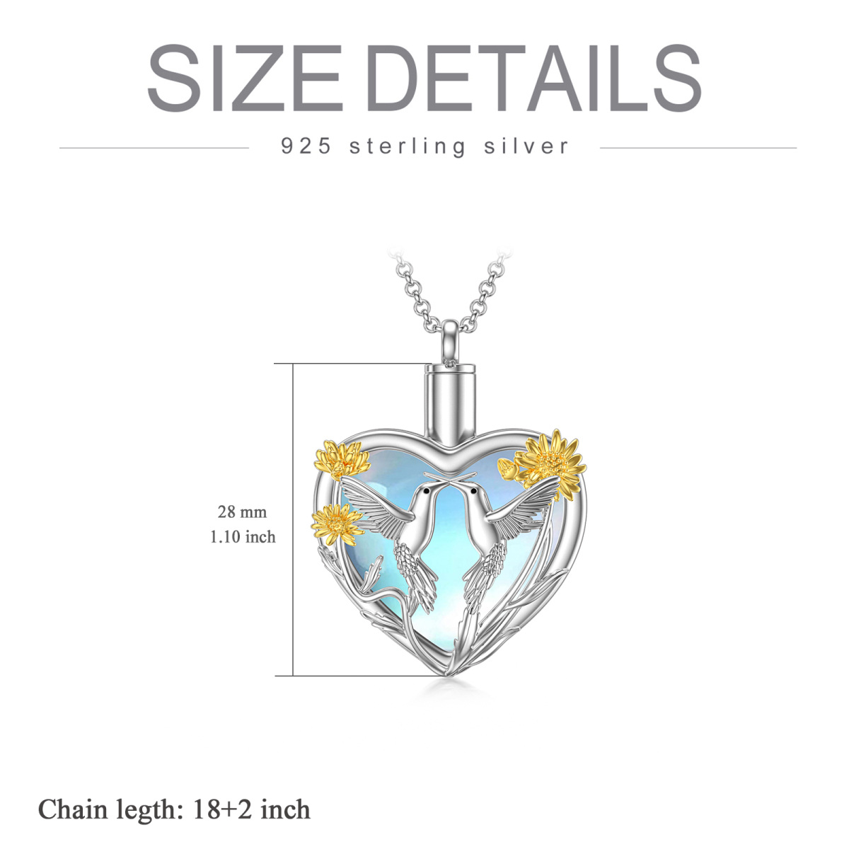 Sterling zilveren tweekleurige hart Maansteen kolibrie & zonnebloem urn ketting voor as-6