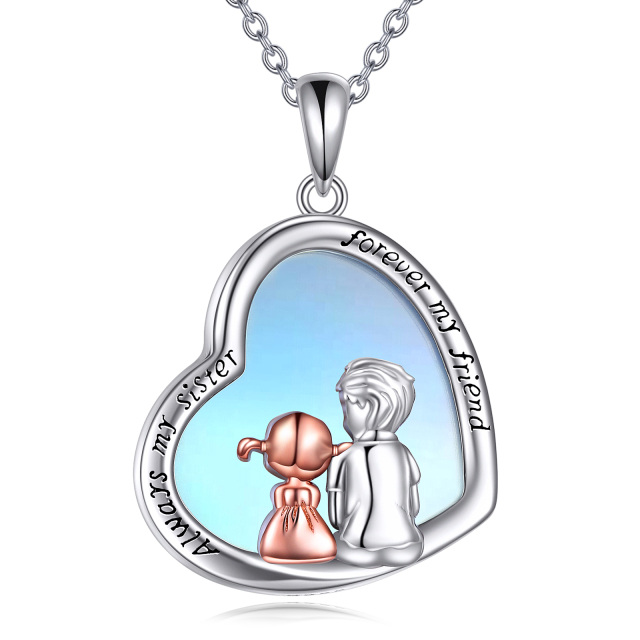 Collana in argento sterling con ciondolo a forma di cuore e sorelle di pietra lunare a due toni, con parola incisa-1