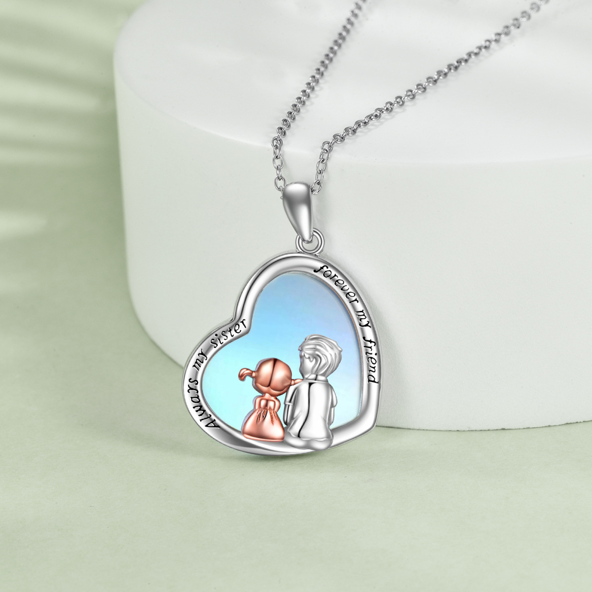 Sterling Silver Two-tone Heart Shaped Moonstone Sisters & Heart Pendant Necklace with Engraved Word-3