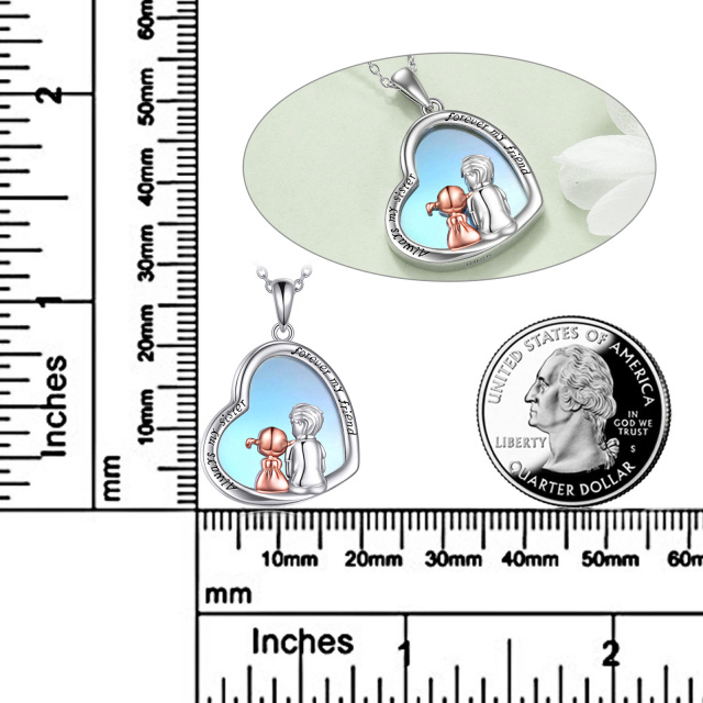 Colar com pingente de coração em prata esterlina em dois tons em forma de coração Moonstone Sisters com palavra gravada-6