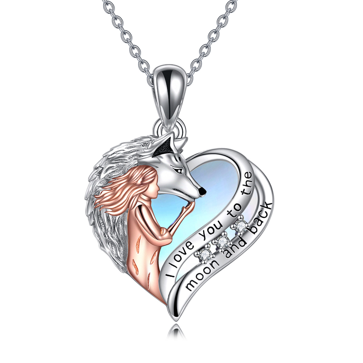 Sterling Silver Two-tone Heart Shaped Moonstone Wolf & Heart Pendant Necklace with Engraved Word-1