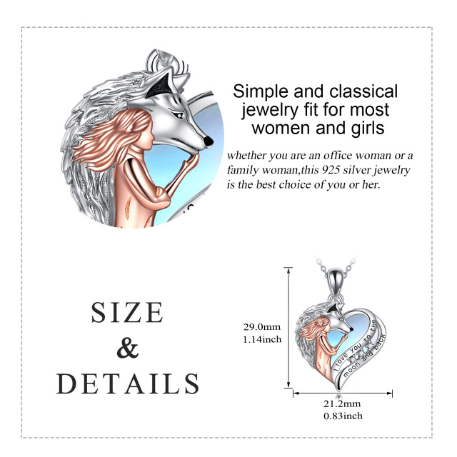 Colar de prata esterlina com dois tons em forma de coração de lobo da pedra da lua e pende-3