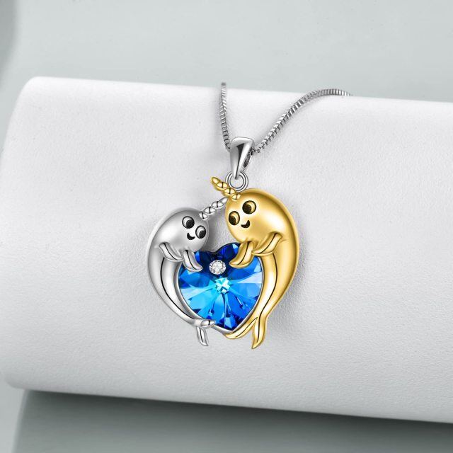 Sterling Silver Two-tone Heart Shaped Narwhal Crystal Pendant Necklace-3