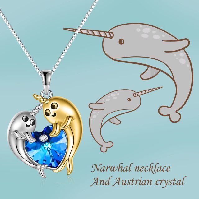 Sterling Silver Two-tone Heart Shaped Narwhal Crystal Pendant Necklace-4