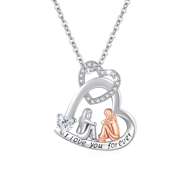 Colar com pingente de zircônia cúbica de coração em prata esterlina com palavra gravada-1