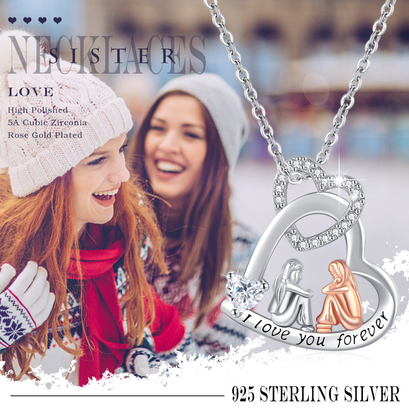 Colar com pingente de zircônia cúbica de coração em prata esterlina com palavra gravada-6