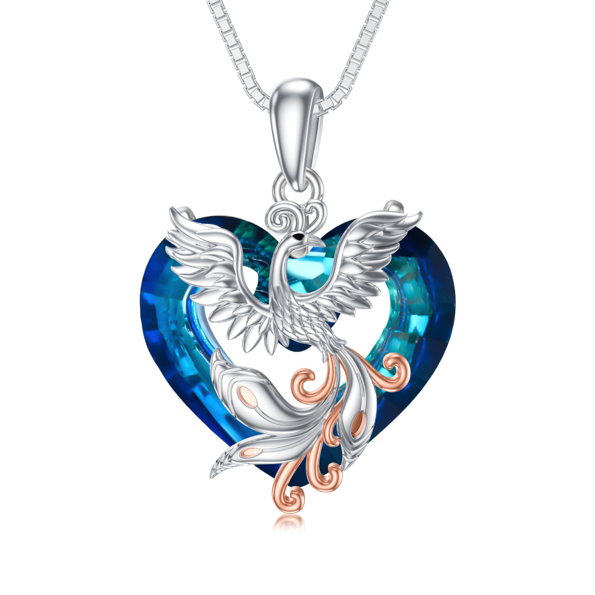 Sterling Silver Two-Tone Heart Crystal Phoenix Pendant Necklace For Women-1