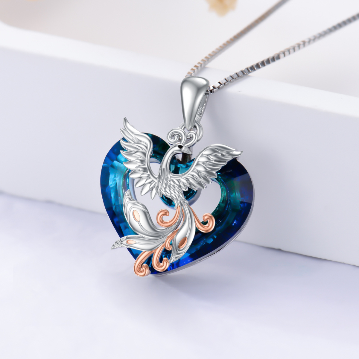 Sterling Silver Two-Tone Heart Crystal Phoenix Pendant Necklace For Women-3