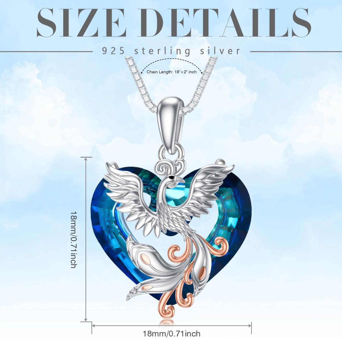 Sterling Silver Two-Tone Heart Crystal Phoenix Pendant Necklace For Women-5