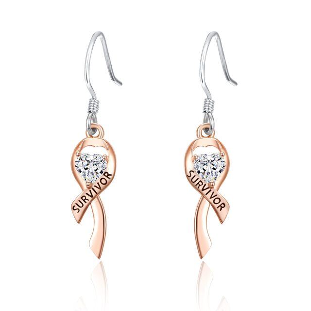 Sterling Silver Two-tone Heart Shaped Cubic Zirconia Heart & Ribbon Drop Earrings with Engraved Word-3