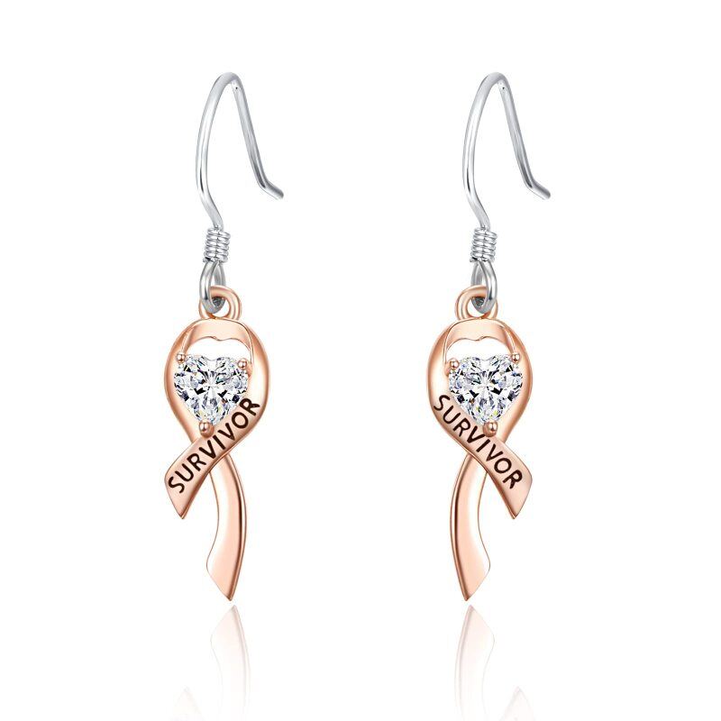 Sterling Silver Two-Tone Heart Cubic Zirconia Ribbon Drop Earrings With Engraved Word For Women-18